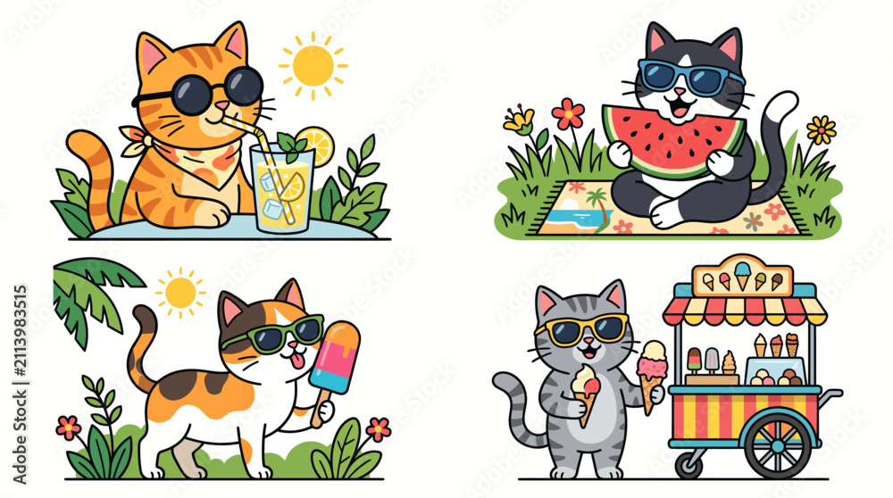 Obraz premium Cute cartoon cats enjoying summer vacation activities set.