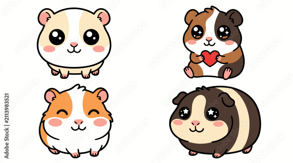 Fototapeta premium Cute cartoon guinea pig set with various expressions and poses.