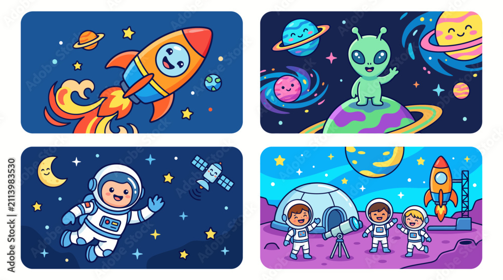 Naklejka premium Cute Cartoon Space Exploration Scenes Set.