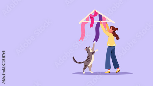 Illustration a woman playing with a cat and a kite with ribbons
