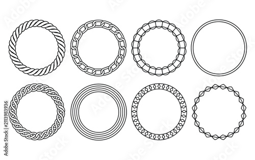 Circular decorative frame vector set with rope chain twisted braid and geometric round borders isolated on white background design elements