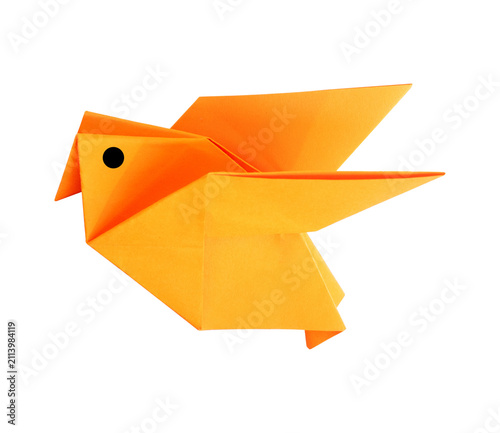 orange origami bird isolated on white