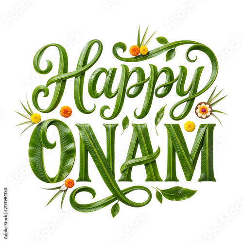 Happy onam typography made of green banana leaves with typography design on transparent background