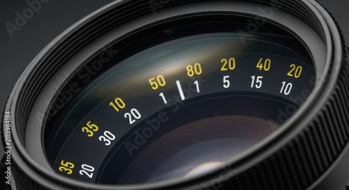 Close-up Macro Shot of a Camera Lens Aperture and Focus Ring Markings.