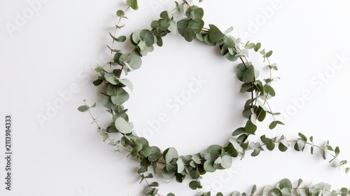 Simple wreath made of single eucalyptus stems on a white table.