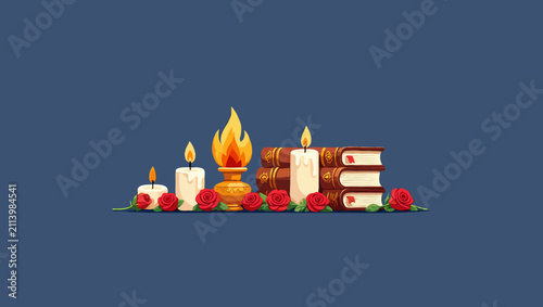 Candles, books, and roses arranged for a memorial or celebration
