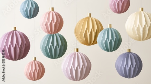Modern papercraft baubles in soft pastel colors suspended against a plain background.