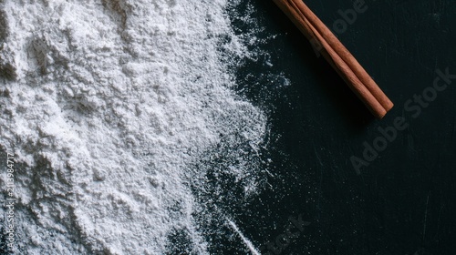 Minimalist baking setup with white flour dusted on a dark slate surface.