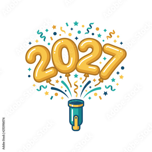 2027 gold balloons emerging from party popper with confetti.