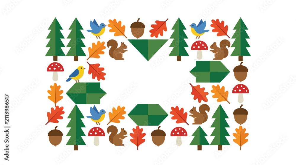 Fototapeta premium Colorful Autumn Forest Border Frame with Cute Animals and Seasonal Leaves for Kids