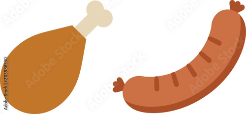 Fotografía Cartoon roasted meat chicken leg and grilled sausage vector set, bbq picnic elem