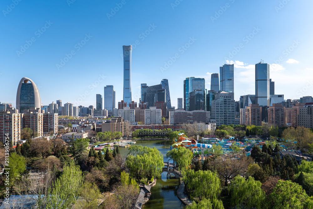 Obraz premium A view of the Beijing CBD skyline overlooking Chaoyang Park.