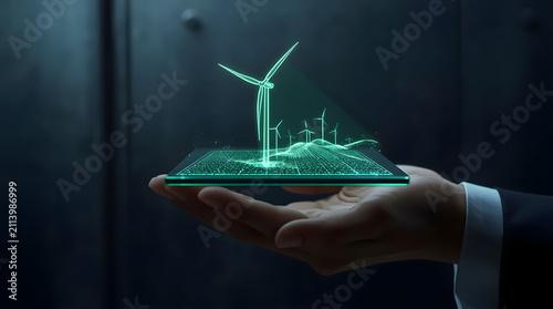 Business person holding a transparent digital device with green wind turbine hologram representing renewable energy