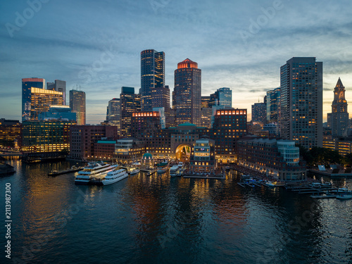 Boston skyline and waterfront at night, Massachusetts