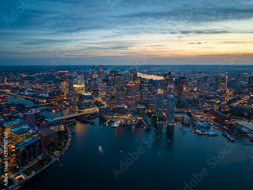 Aerial view of Boston skyline at night
