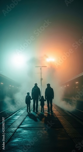 Family walking on foggy city street.