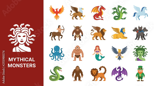 Quadro su tela Mythical monsters and legendary creatures flat icon set