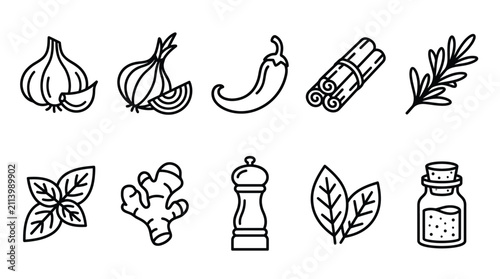 Spices and Herbs Line Icon Set for Cooking and Food Design