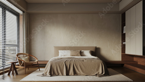Konstfotografi The bedroom interior mock up, minimal bed on empty concrete wall background and