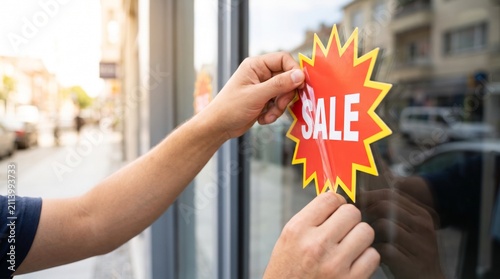 A hand sticks a red starburst SALE sticker onto a shop window, advertising a discount