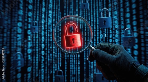 A hand wearing a black glove holds a magnifying glass over a glowing red padlock against a dark background, of falling blue, binary code