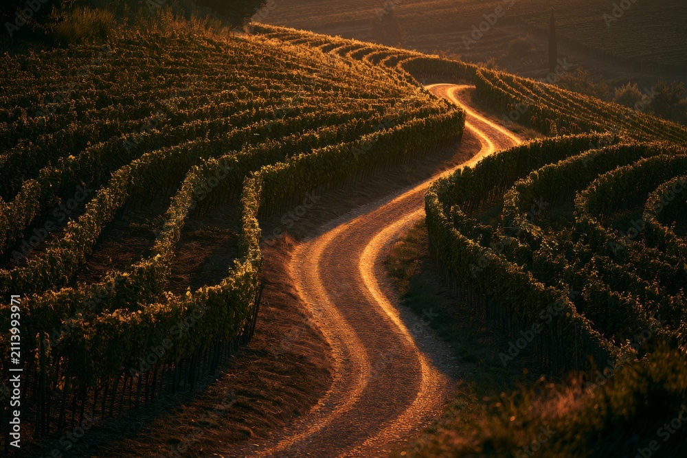 Fototapeta premium Glowing path winding through a hillside vineyard