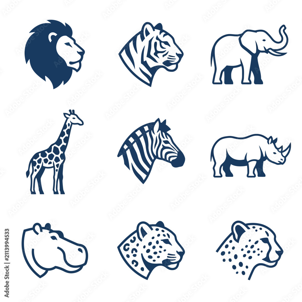 Obraz premium Blue minimalist profile icons of wild animal heads.
