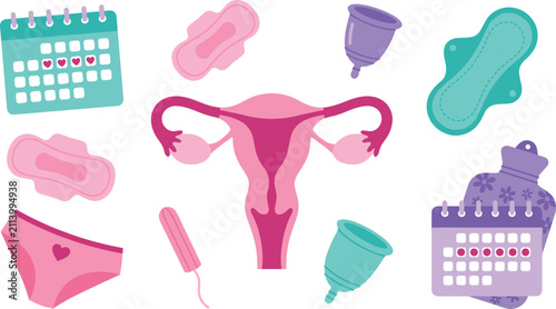 Konstfotografi Menstruation and female hygiene icon set with uterus calendar sanitary pads mens