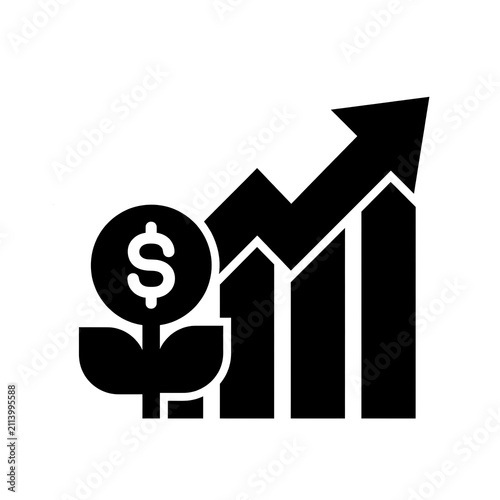Financial Growth Icon with Rising Arrow Bar Chart and Money Plant Coin.