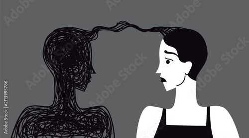 фотографія woman confronting a shadow made of tangled negative thoughts