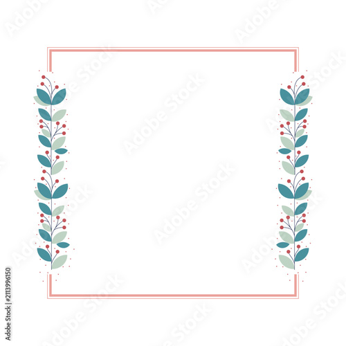 Simple Pink Peach Square Border Frame With Green Leaves And Pink Cherries