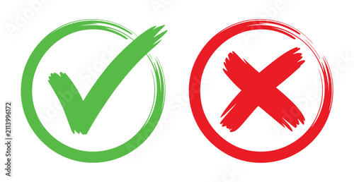 Fotografie Checkmark and Cross Symbol: A green checkmark in a circle and a red cross in a circle, representing a choice between right and wrong or yes and no, with a sense of decision-making