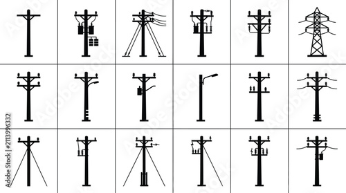 Collection of electric utility poles, power lines, transformers, and high-voltage transmission towers black silhouette vector set