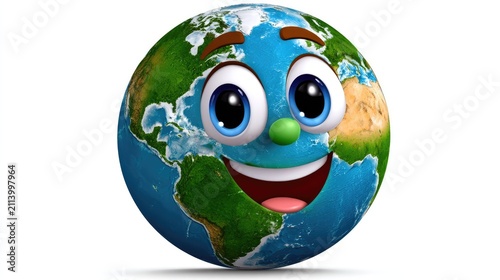Smiling Earth: A cartoonish, anthropomorphic Earth globe with a wide smile and big eyes, conveying a message of environmental happiness and awareness.