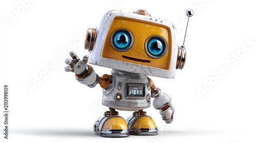 Friendly Robot Greeting: A cute, retro-style robot with big blue eyes and a playful expression waves hello, its antenna raised, standing on a clean, bright surface.