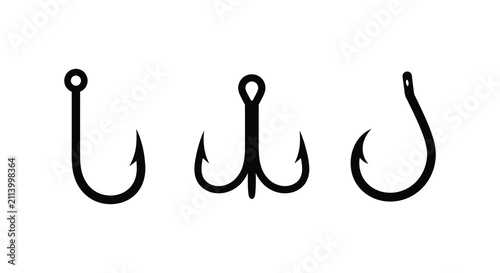 Obraz na płótnie Three fishing hooks in a black silhouette against a white background silhouette