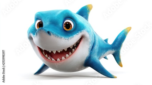 Cartoon Shark Character: A friendly and vibrant cartoon shark with a wide smile and sharp teeth, depicted in a playful and animated style. Perfect for children's content or a fun.