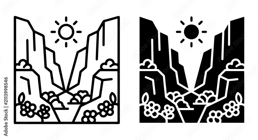 Fototapeta premium Minimalist Mountain Landscape Icons, Sun and Clouds, Nature Scene Vector Set