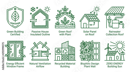 Set of ten green building and eco friendly house construction icons.