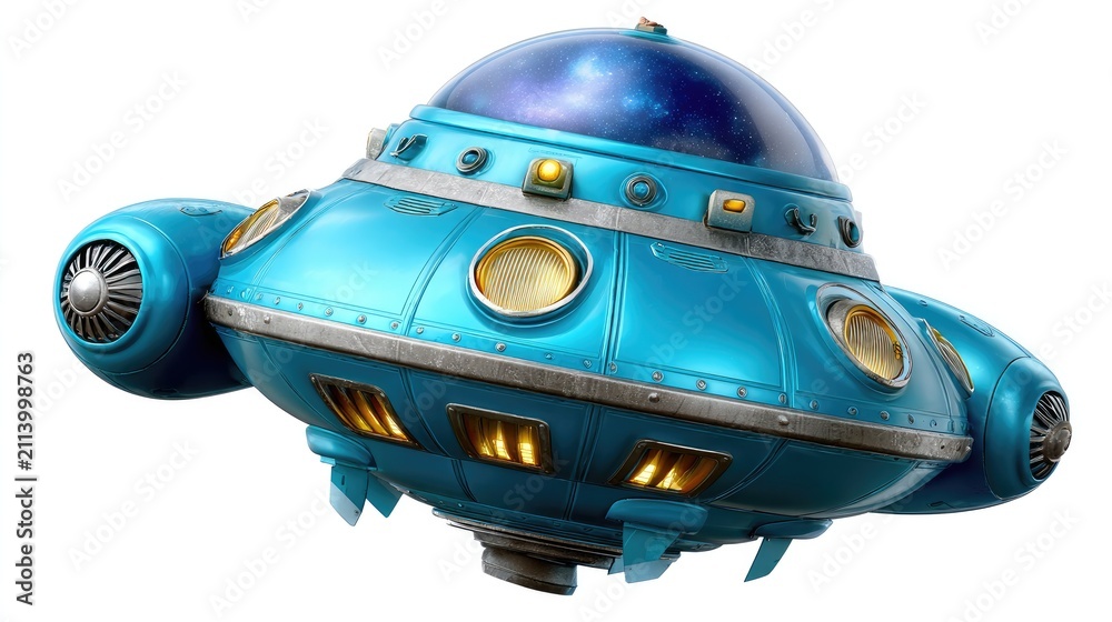 Fototapeta premium Flying Saucer in Space: A vintage-style flying saucer, gleaming with metallic blue paint and circular windows, hovers in the vast expanse of space.