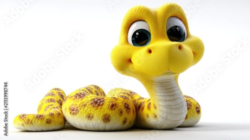 Cute Yellow Snake Toy: A charming 3D illustration of a cute yellow toy snake with big, expressive eyes, coiled playfully, perfect for children's stories or playful designs.