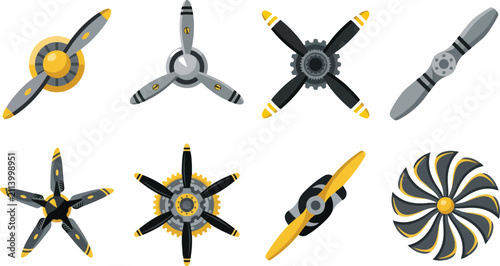 Foto Airplane propeller vector illustration set showing mechanical aviation designs w