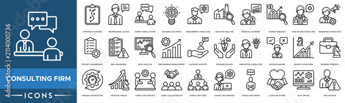 Consulting Firm Line Icon Set – Business Consulting, Strategy and Corporate Services Vector