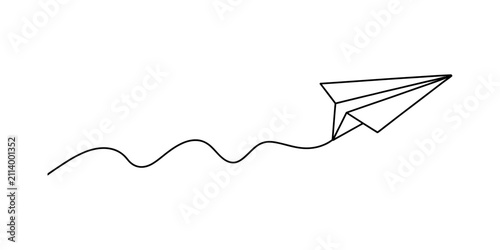 Obraz na płótnie Simple line art drawing of a paper airplane flying with a wavy trail path behind