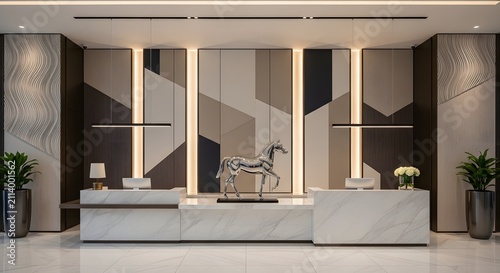 Elegant hotel reception desk with modern geometric wall art and a horse sculpture, creating a sophisticated and welcoming ambiance