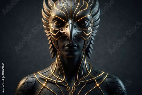 Minimalist 3D Garuda sculpture in matte black and glowing gold.