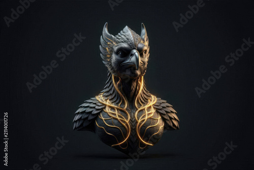 Minimalist 3D Garuda sculpture in matte black and glowing gold.
