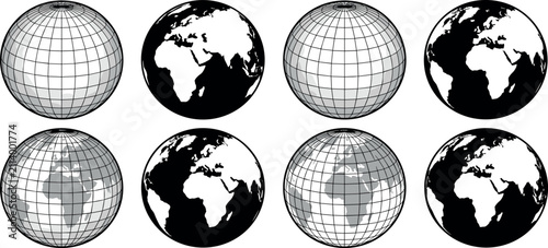 Obraz na płótnie Planet earth globe icon set vector illustration featuring world map grid lines a