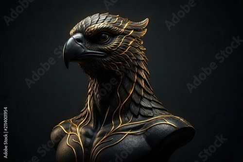 Minimalist 3D Garuda sculpture in matte black and glowing gold.
