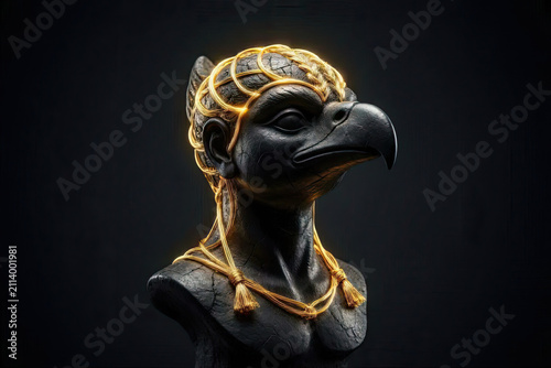 Minimalist 3D Garuda sculpture in matte black and glowing gold.